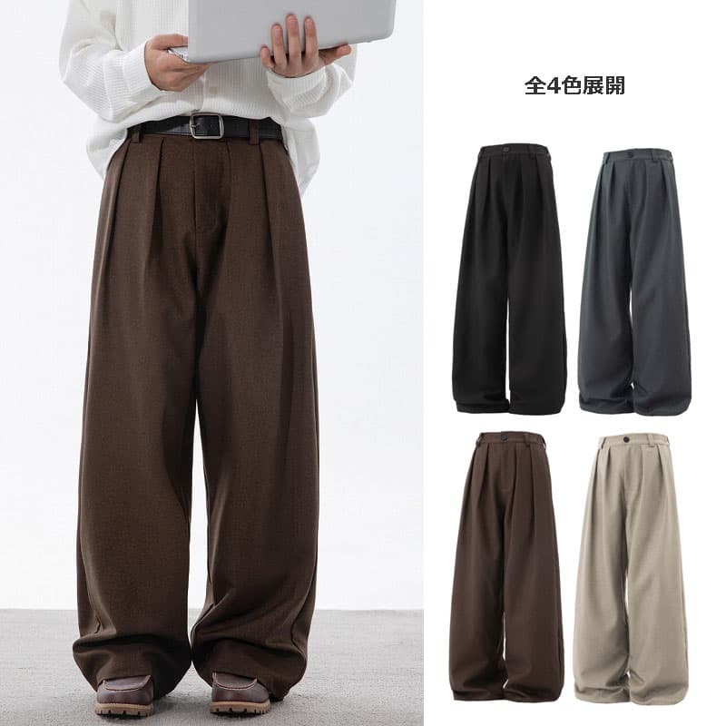 メンズカジュアルスーツ タック入りワイドパンツ なめらかドレープ感 全4色