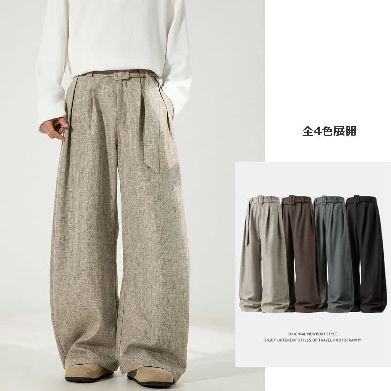 メンズカジュアルスーツ メンズ ワイドパンツ ベルト付き カジュアル スラックス 全4色
