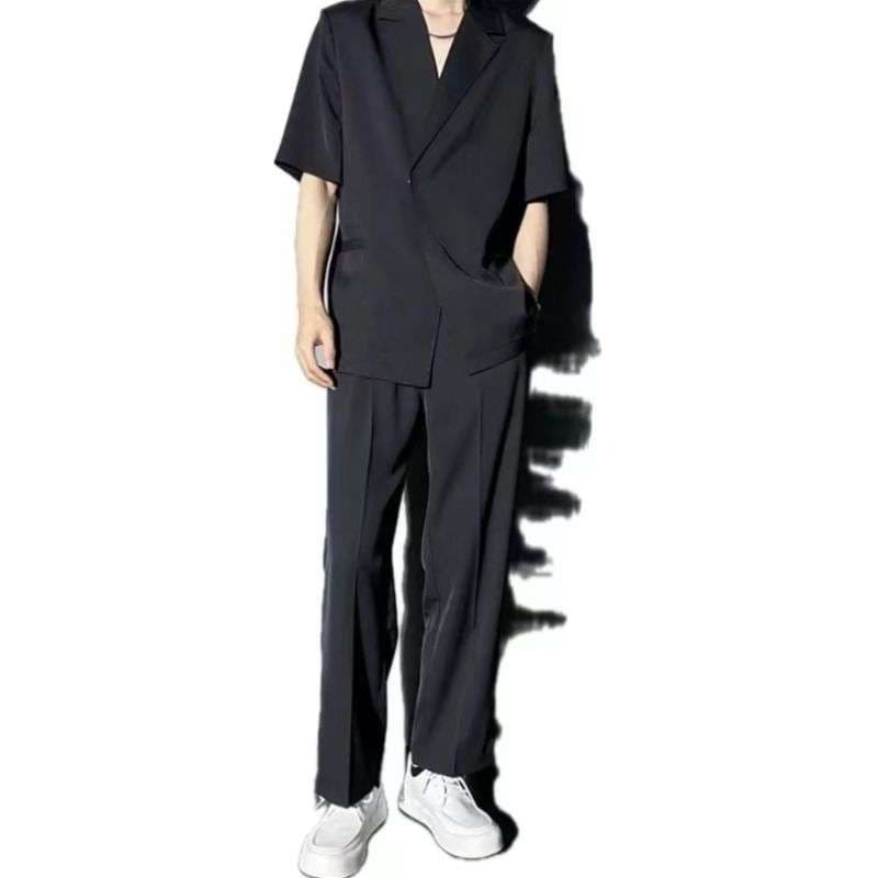 メンズカジュアルスーツ 男性用ゆったり半袖ジャケット ワイドパンツ上下セット