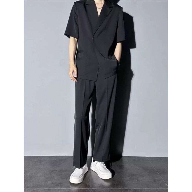 メンズカジュアルスーツ 男性用ゆったり半袖ジャケット ワイドパンツ上下セット